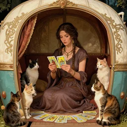 Gypsy lady doing tarot card reading inside a gypsy caravan surrounded by cats in art nouveau style