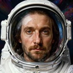 close - up portrait of an astronaut. hyperdetailed caravaggio modigliani canaletto renaissance painting pre - raphaelitism retro unreal engine iridescent matte background 8 k hd resolution