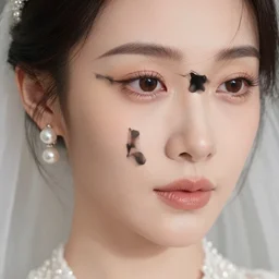 highly detailed face close up of a women in her late 30s, wearing a Vera want wedding dress, the most beautiful she has looked
