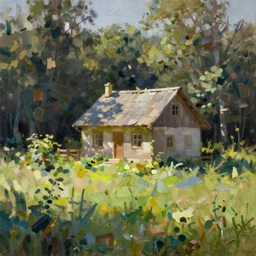 house in the countryside on a sunny day, forest, peaceful, brush strokes, oil painting