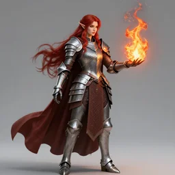 an elven sorceress with red long hair in a very good beautiful heavy scale armor, wearing a cape, casting a fire spell, dungeon background, magical, bright, colorful, fantastic lighting, amazing details, 4 k uhd, illustration by hayao miyazaki and makoto shinkai and ilya kuvshinov, artstation, pixiv,