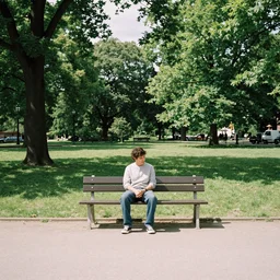 a film still of a man sitting on a bench in a park, sunny day, wide shot