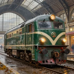a neo vintage tgv locomotive, detailed, paris railway station background, photorealism, volumetric lights, autumn lights, ( ( ( rainy day ) ) ) depth of field, photo, hasselblad, by moebius and ricardo robles, marco turini, oil, ink, gouache, 3 d concept art, octane render