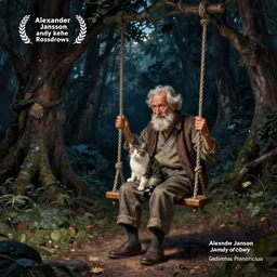 an old man and his cat having fun on a swing at a dark night in an ancient dense forest, artwork by alexander jansson, andy kehoe, rossdraws, gediminas pranckericius, octane, unreal engine