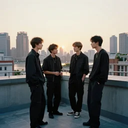 a small rooftop with a couple of modern teenagers, standing and talking to each other, wearing black modern clothes, modern shanghai bund is on the background, sunset, by gregory crewdson