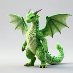 a 3 d render of a green, feathery, anthropamphic, male, dragon with armwings and a spike at the tip of his tail, in the style of pet's dragon