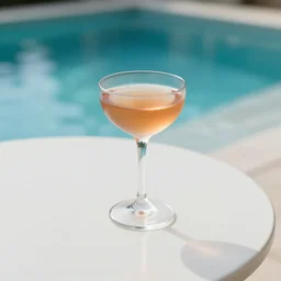 5 5 mm photo of cocktail glass on a zen minimalist round white table with gorgeous pool in the background. highly detailed 8 k. intricate. lifelike. soft light,