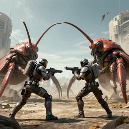 two futuristic soldiers fighting giant bugs