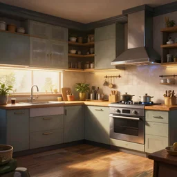 a well arranged kitchen, style artstation, style greg rutkowsk, octane render, unreal engine 6, epic game graphics, fantasy, ciberpunk, conceptual art, ray tracing
