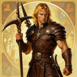 keanu reeves in the slumps holding crossbow brown skin golden hair brown leather armor high fantasy dnd smooth sharp focus illustration by rossdraws, alphonse mucha frank fanzzeta