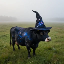 a detailed picture of a cow made of stars and nebulas wearing a witch hat, in a grassy field, cow wearing hat!!! viewed in profile and far away, fog in the background, ultrawide lens, aerial photography, black and blue color scheme with gold highlights, art by kirby, artstation, 8 k