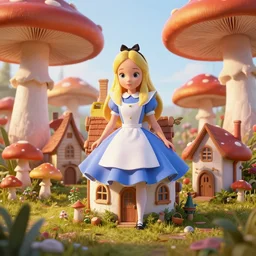 alice in wonderland houses made from giant mushrooms, 3 d, mistic atmosphere, cute, octane render, redshift render, intricate, insanely detailed, morning light, ambient occlusion, sub surface scattering, well rendered
