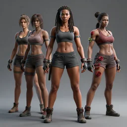 3 d render of a full female body, a very attractive black woman with long dreadlocks, stoic face, chiseled abs, wearing fitness gear, dead or alive 6, tekken 7, rumble roses, thick legs, highly detailed, artstation, super realistic, unreal engine