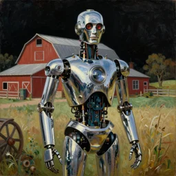 portrait painting of a robot made of shiny reflective chrome in front of a barn and farm, painted by norman rockwell. agricultural scene. pulp sci - fi art for omni magazine. high contrast. dark background. baroque period, oil on canvas. renaissance masterpiece. trending on artstation. retrofuturism.