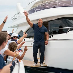 dwayne johnson waving to his fans while leaving the united states using a luxurious yacht