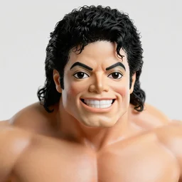 macro head shot 8 5 mm of happy michael jackson oversized muscular hulked powerlifter with fedora hat by neca!!! pretty! beautiful! action pose shirtless muscular black pants blue military jacket very detailed realistic action figure by neca in the style of king of fighters, character from mortal kombat, film still, bokehs