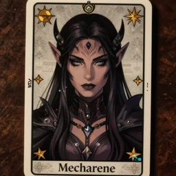 dark elf woman, beautiful face, symmetrical, fantasy anime, tarot card, art by mecharene, cinematic, 4K