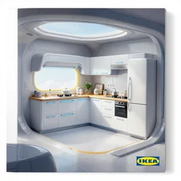 IKEA catalogue photo of a cyberpunk kitchen on a spaceship, by Takashi Murakami