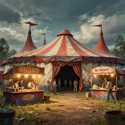 photo the last us part 2 abandoned festival carnival big top circus tent food stalls : 5 4 k rtx hdr volume light concept studio matte painting environment digital illustration fanart artstation by eytan zana and balazs agoston, jad saber, aaron limonick, pablo dominguez and florent lebrun and robby johnson