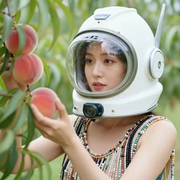 a closeup portrait of a woman in a scuba helmet, wearing a dress made of beads, picking peaches from a tree, color photograph, by vincent desiderio, canon eos c 3 0 0, ƒ 1. 8, 3 5 mm, 8 k, medium - format print
