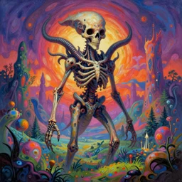 a psychedelic landscape of omin dran skeletal mind flayer psion, vibrant color scheme, highly detailed, in the style of romanticism, cinematic, artstation, moebius, greg rutkowski