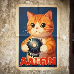 1 9 8 0's color photo, old grunge propaganda poster of cute orange cat holding atomic core, poster is glued on old street wall