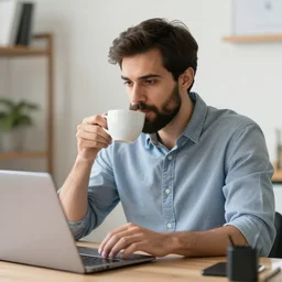 a white man with dark hair and a trimmed dark beard is in his office during the day and is drinking coffee while having a zoom meeting on his laptop, stock photo, no watermark