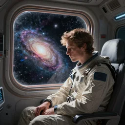 human, sitting sad in spaceship, gazing at view of galaxy in space through a window, by jim burns, peter andrew jones, michael hutter, sharp digital painting. dreaming latent space. matte painting, concept art. artstation. digital render.