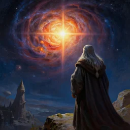 a beautiful painting of gandalf watching a giant star going supernova in the sky of an alien world, ray traced lighting by jean kalin popov and greg rutkowski