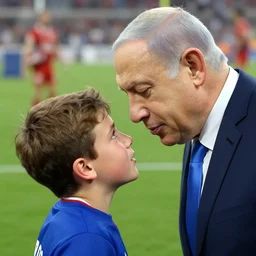 benjamin netanyahu headbutting a kid on a football field, by norman rockwell and michael cheval, highly detailed, sharp