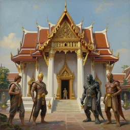 a dmt entity thai architecture, tim hildebrandt, wayne barlowe, bruce pennington, donato giancola, trending on artstation, cinematic composition, beautiful lighting, hyper detailed, 8 k, oil on canvas