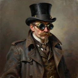 realistic concept art of a middle aged steampunk inventor with handlebar mustache, wearing trenchcoat, goggles, and a top hat, oil painting