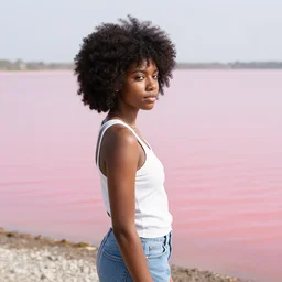 a black girl with an afro on the shore of a pink lake with bioluminescent plankton at sunset, vast mountains in the distance by simon stalenhag