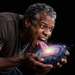 a cinematic still of ((neil degrasse tyson)) ferociously eating a galaxy, (octane render, nvidia raytracing demo), masterpiece, (monster), (empty black void)