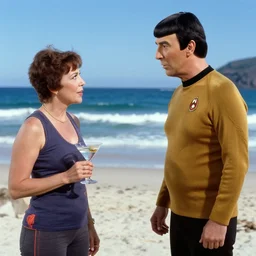 han solo on a beach with a martini in hand talking to mr spock