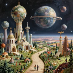 an epic whimsical stunning masterpiece sci - fi matte painting of a winding path through outer space worlds, surreal architecture designed by heironymous boach, megastructures inspired by heironymous bosch's the garden of earthly delights, vast surreal landscapes and horizon by asher durand and cyril rolando and natalie shau, insanely detailed, elegant, concept