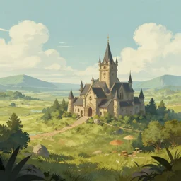 A serene landscape with a singular building in the style of dungeons and dragons illustrations