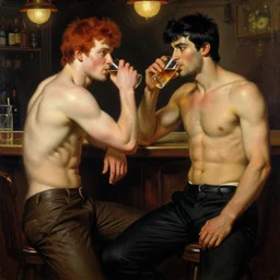 drinking their hearts out, in a pub. attractive muscular male with red hair and attractive muscular male with black hair. pants, very defined painting by j. c. leyendecker, gaston bussiere, craig mullins 8 k