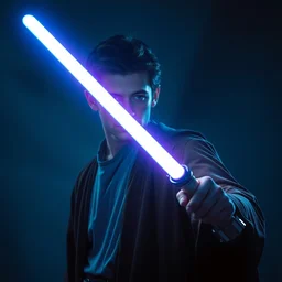 normal person holding a bright lightsaber in his right hand