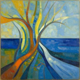the tributaries and the rivers all flowed to the sea, high quality abstract art in the style of georgia o keefe and cubism, - n 4