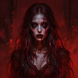 malenia. goddess of rot. long hair. atmospheric red lighting. scary. highly detailed digital painting by greg rutkowski. sharp focus, 8 k.