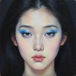 hyperrealism oil painting, close - up portrait american fashion model from above, delicate blue makeup, sad eyes, dark background, in style of classicism mixed with 8 0 s japanese sci - fi books art