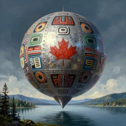 a giant ((((metallic)))) floating sphere covered in canadian colorful aboriginal patterns!! hovering above a Yukon lake, (painted by Ralph McQuarrie), matte painting, very detailed, dramatic perspective, concept art