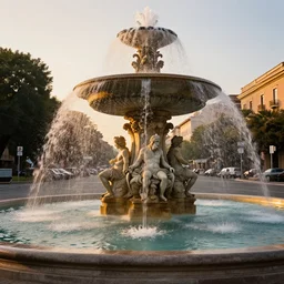 a beautiful photo of a roundabout with an italian sculptural fountain shooting fire instead of water, sunset lighting, intricate detail, photorealistic
