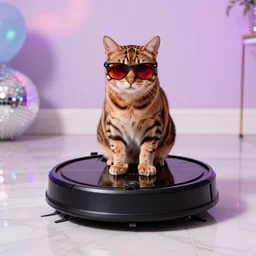 cat wearing sunglasses, cat sitting on top of roomba, reflective marble floor, disco party lights, red tinted rayban glasses, tigerprint