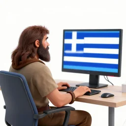 a neanderthal sitting on a office chair staring at a monitor, the monitor is showing the flag of Greece.