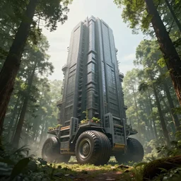 giant city on wheels going through a forest. cinematic lighting, wide angle, volumetric light scattering, 8 k, artstation, concept art. art by ian mcque