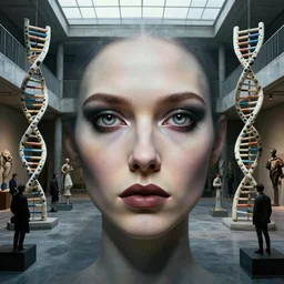 detailed face of a woman with obsidian eyes in a architectonic courtyard with dna sculptures at a science expo, atmospheric, ambient, pj crook, syd mead, livia prima, artgerm, greg rutkowski, nick alm, casey baugh
