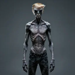 donald trump, alien grey, tall, very thin, terrifying, grimdark, photorealistic