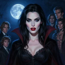 riveting charismatic brunette female vampire, portrait, atmospheric lighting, painted, intricate, volumetric lighting, beautiful, blue moon light, sharp focus, ultra detailed, by leesha hannigan, ross tran, thierry doizon, kai carpenter, ignacio fernandez rios